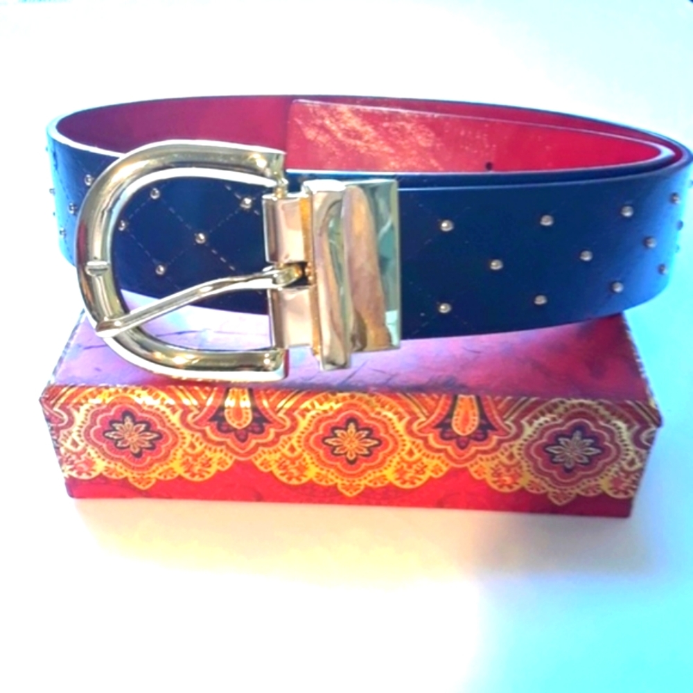 Black Leather * Studded Brass Tone Belt 34" Bg220